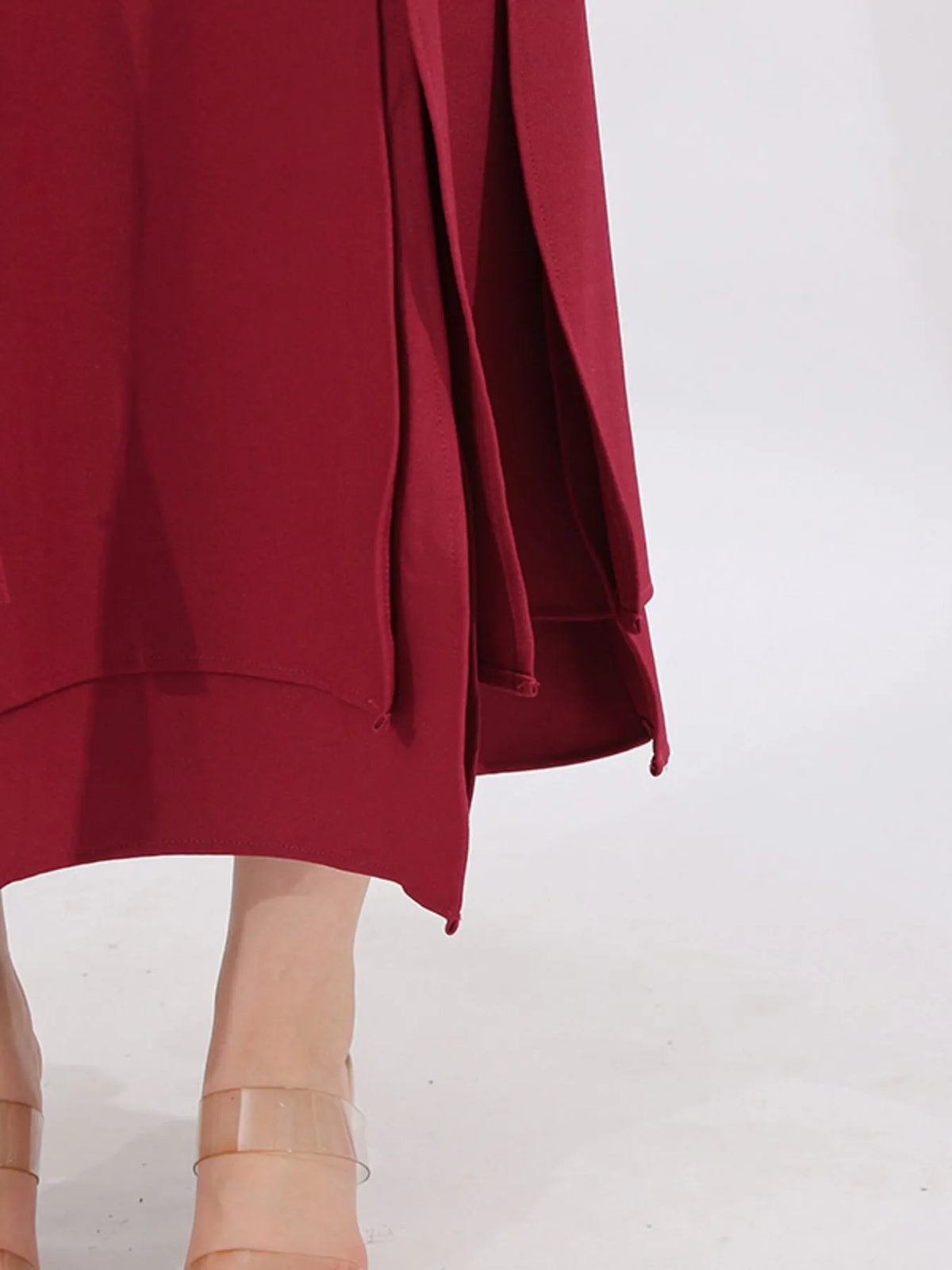Belted Ruched Slit Long Sleeve Dress