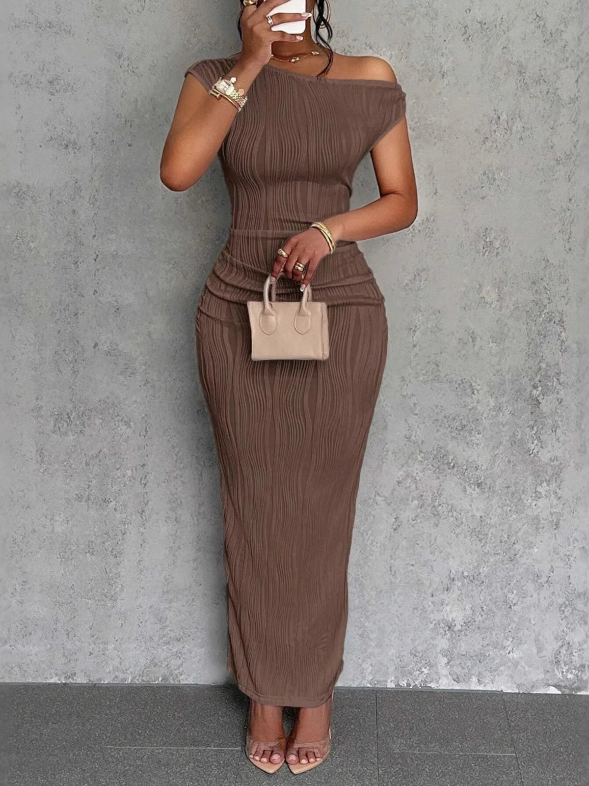 Ribbed Single Shoulder Bodycon Maxi Dress