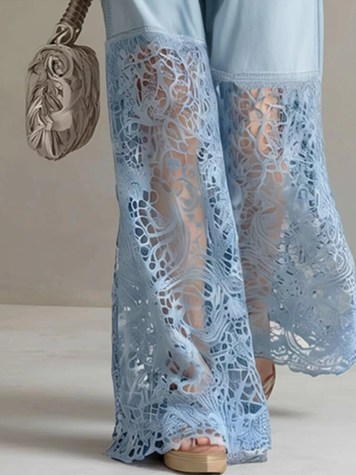 Lace Patchwork Wide Leg Jeans in Sky Blue
