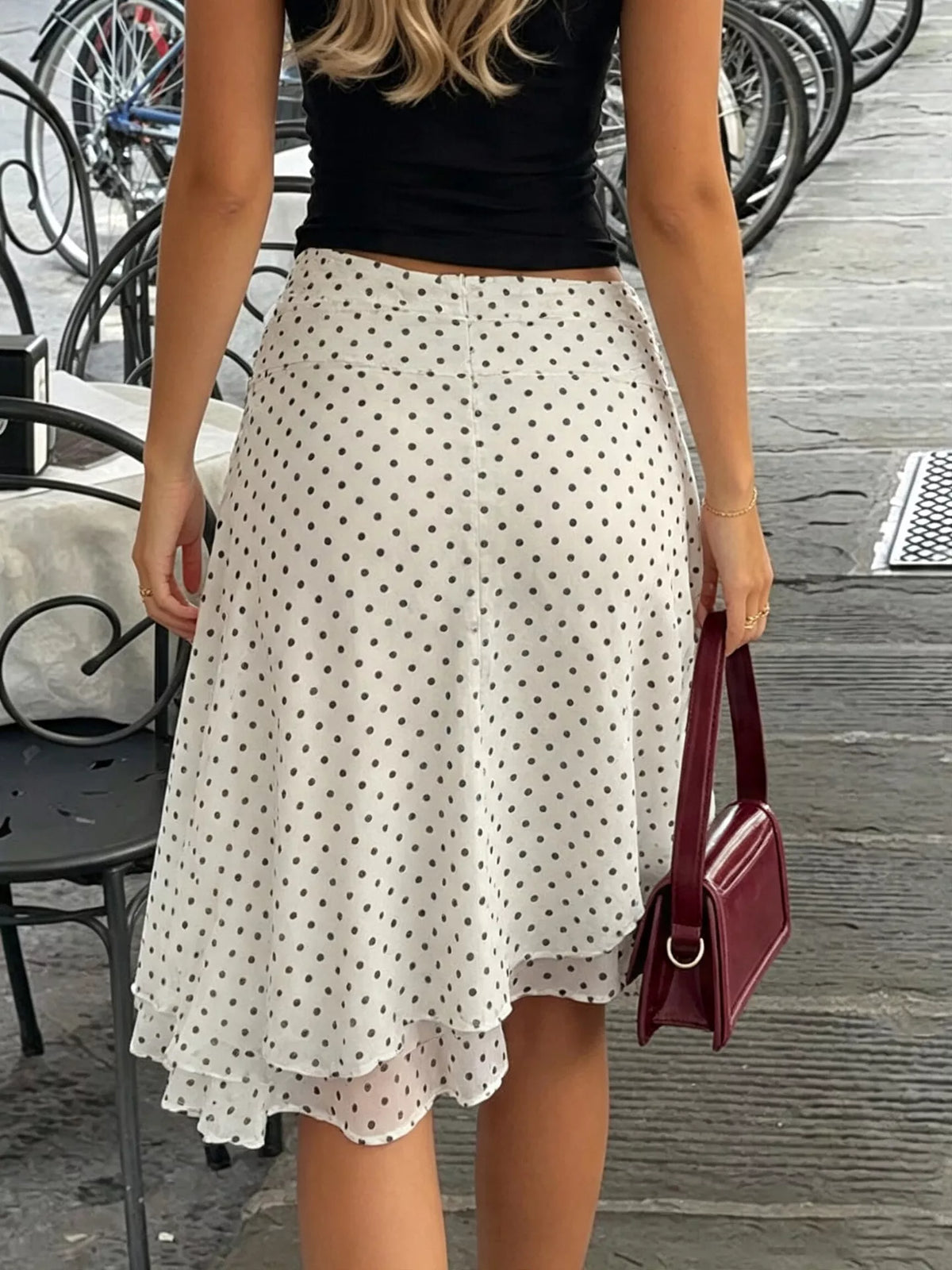 Polka Dot Ruched Waist Midi Skirt in White