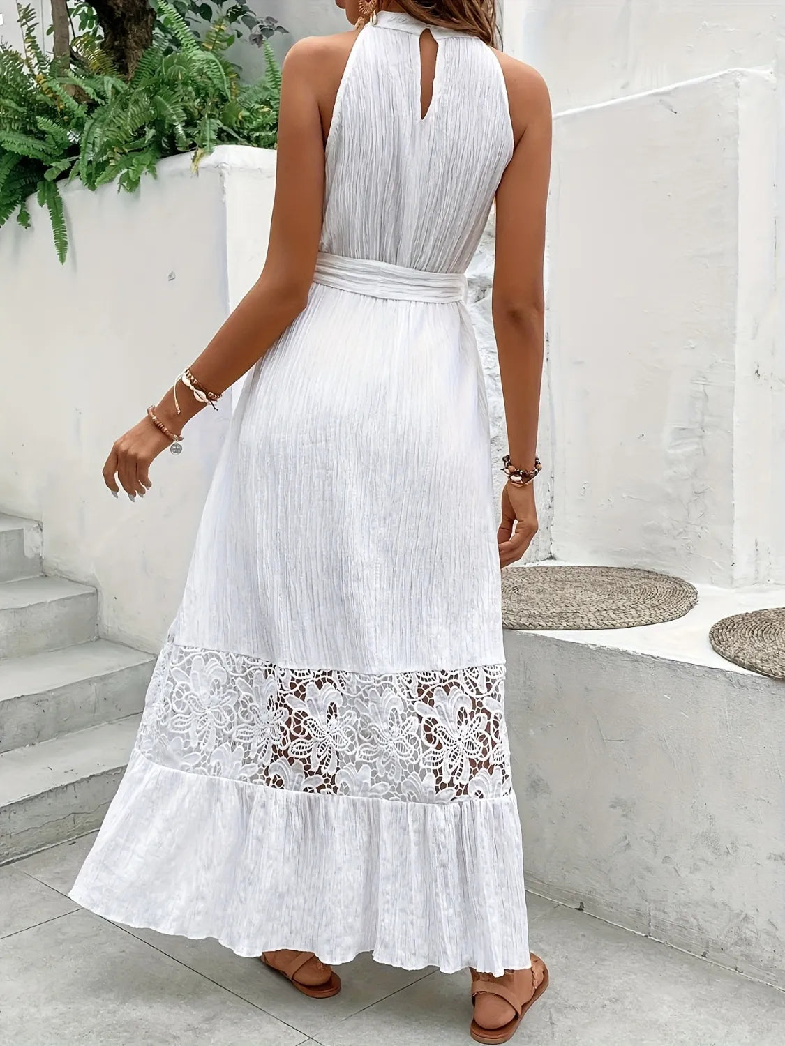 Lace Detail Belted Maxi Cami Dress in White by Macido