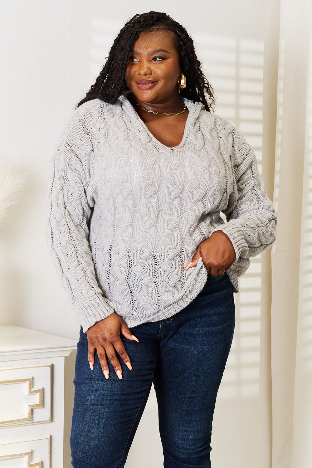 Cable-Knit Hooded Sweater in Light Gray