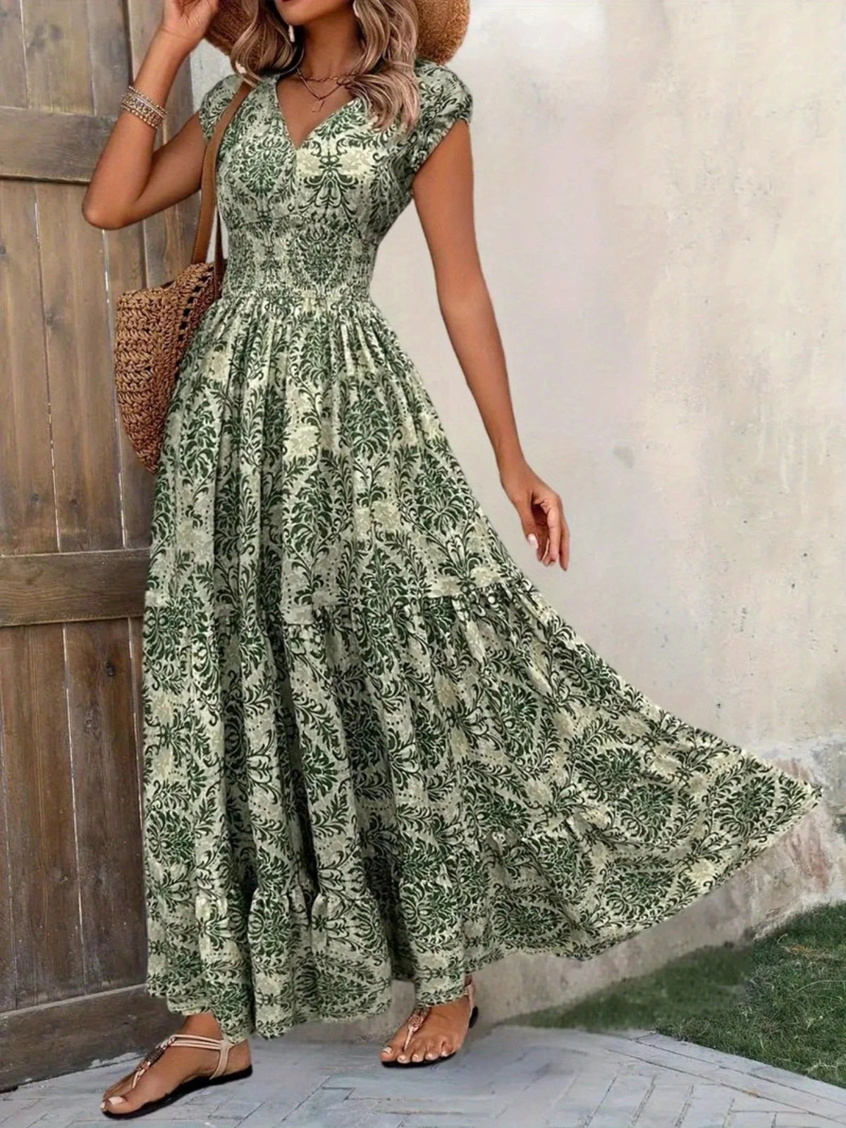 Printed Cap Sleeve Tiered Maxi Dress