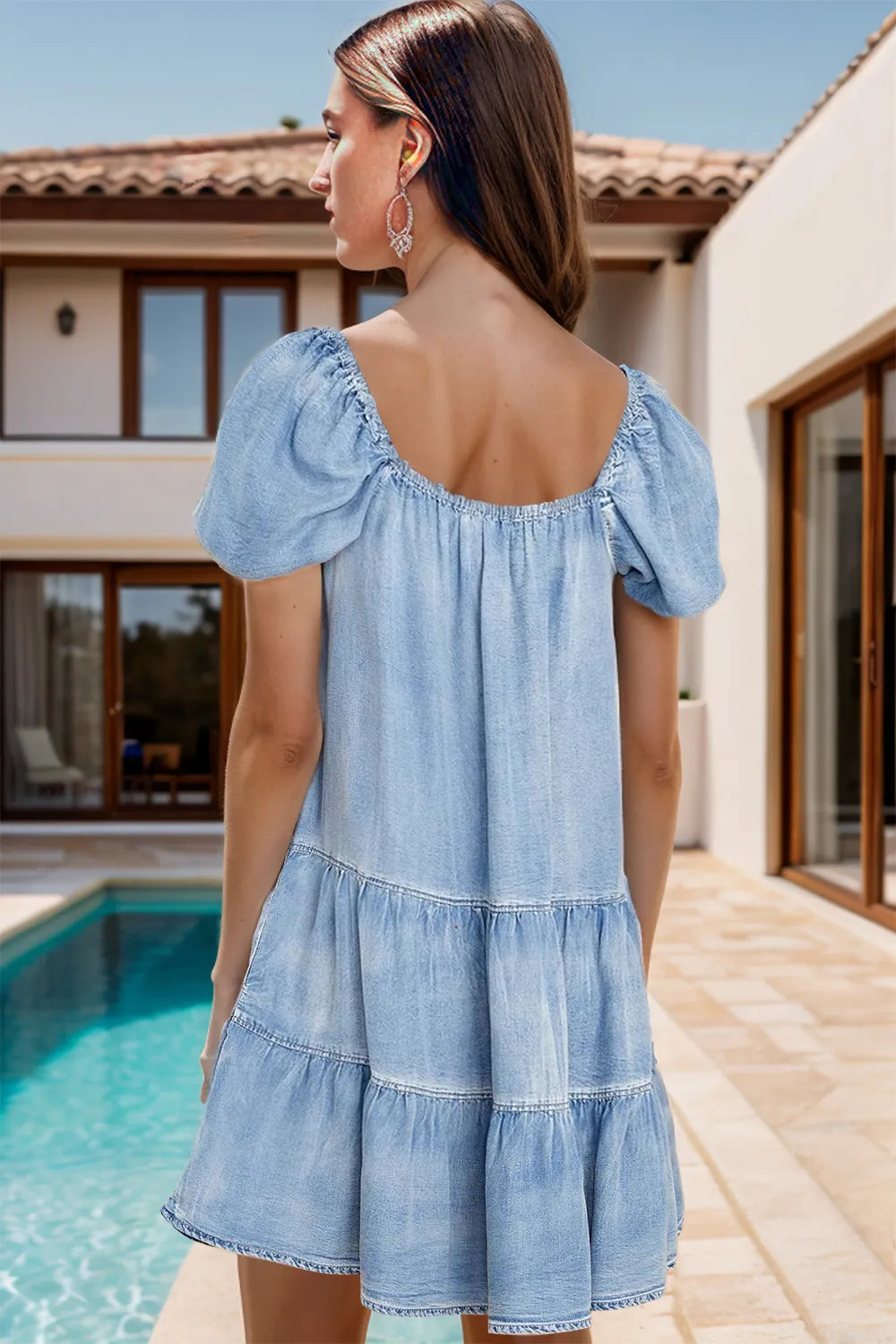 Square Neck Puff Sleeve Dress in Light Wash by Y.Y@Denim