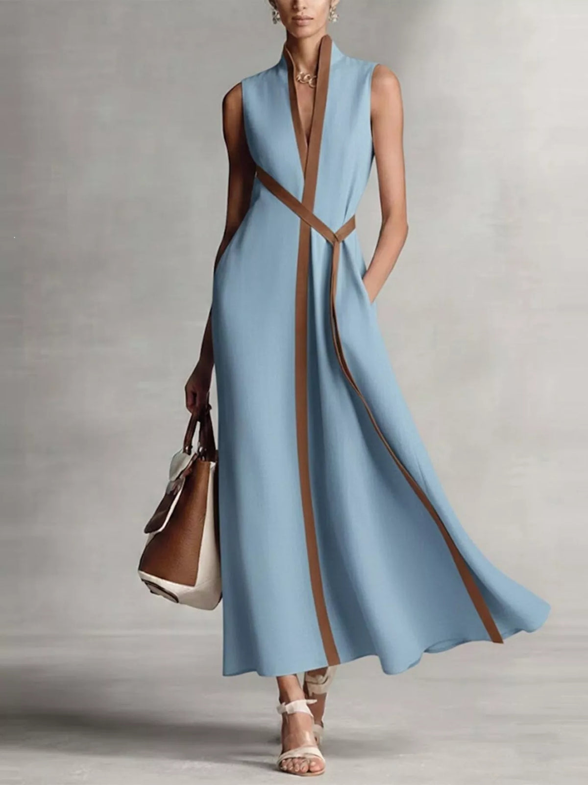 Sleeveless Contrast-Trim Midi Dress