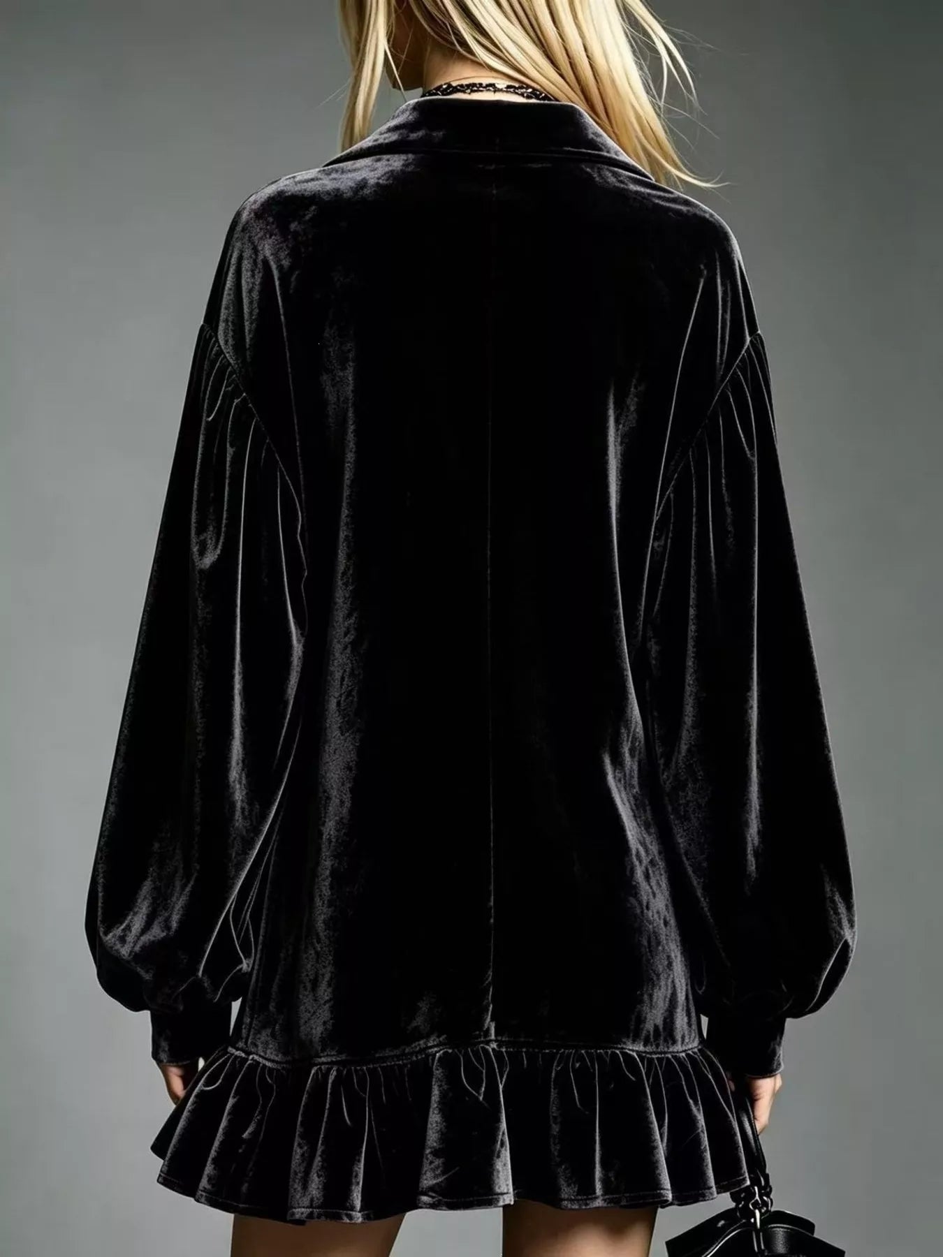 Velvet Ruffled-Hem Long Sleeve Dress