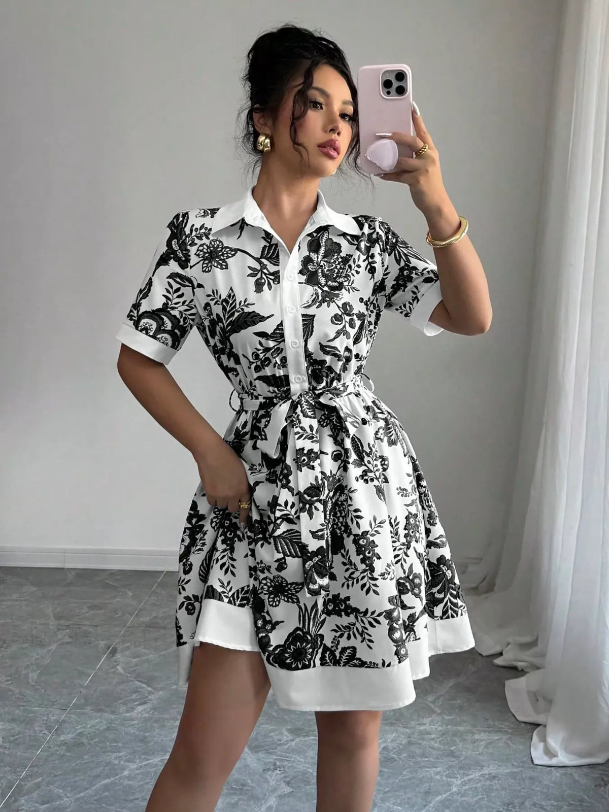 Belted Button-Front Mini Dress