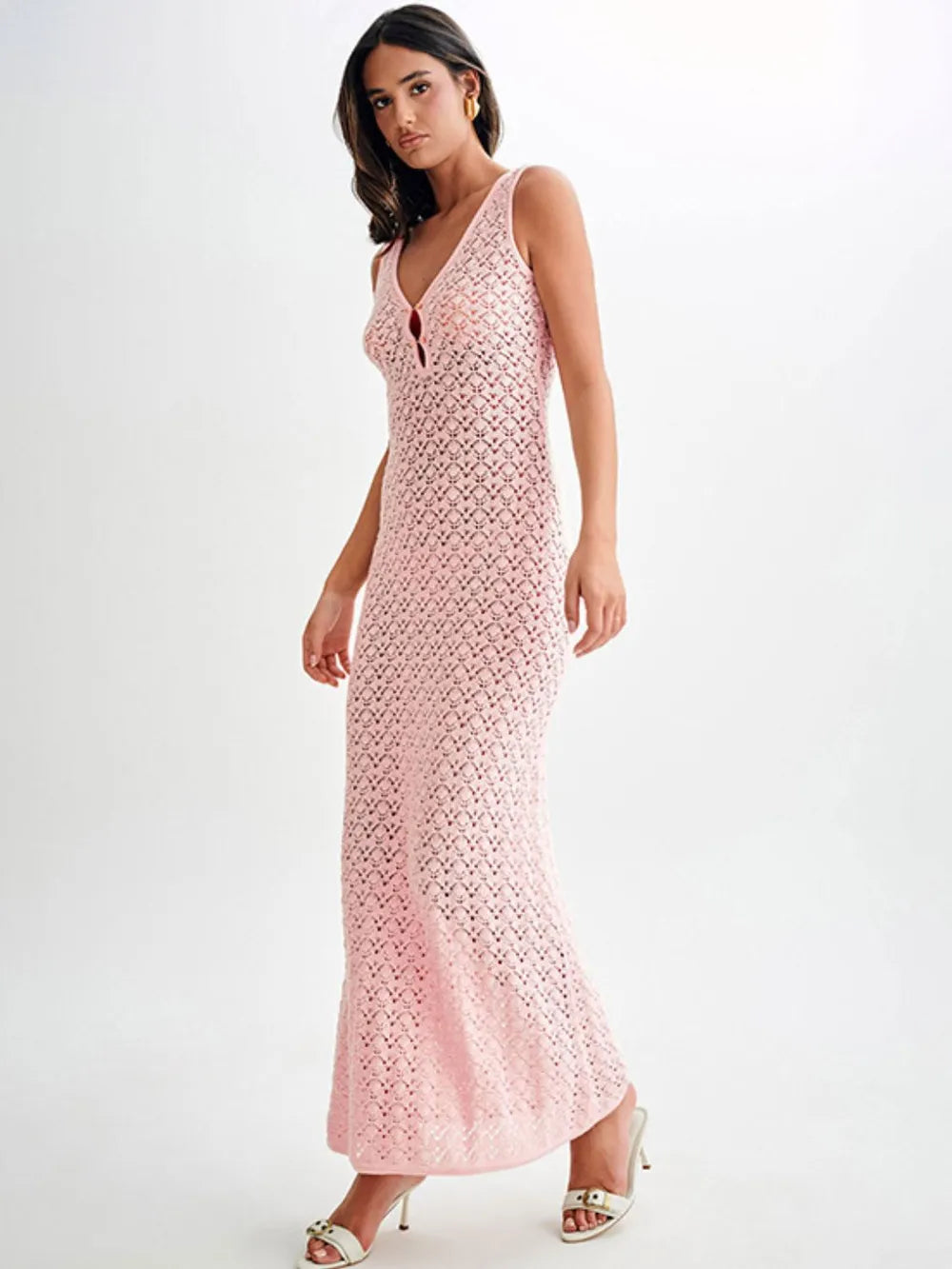 Openwork Sleeveless Maxi Dress with Sheer Detail by D&J Apparel