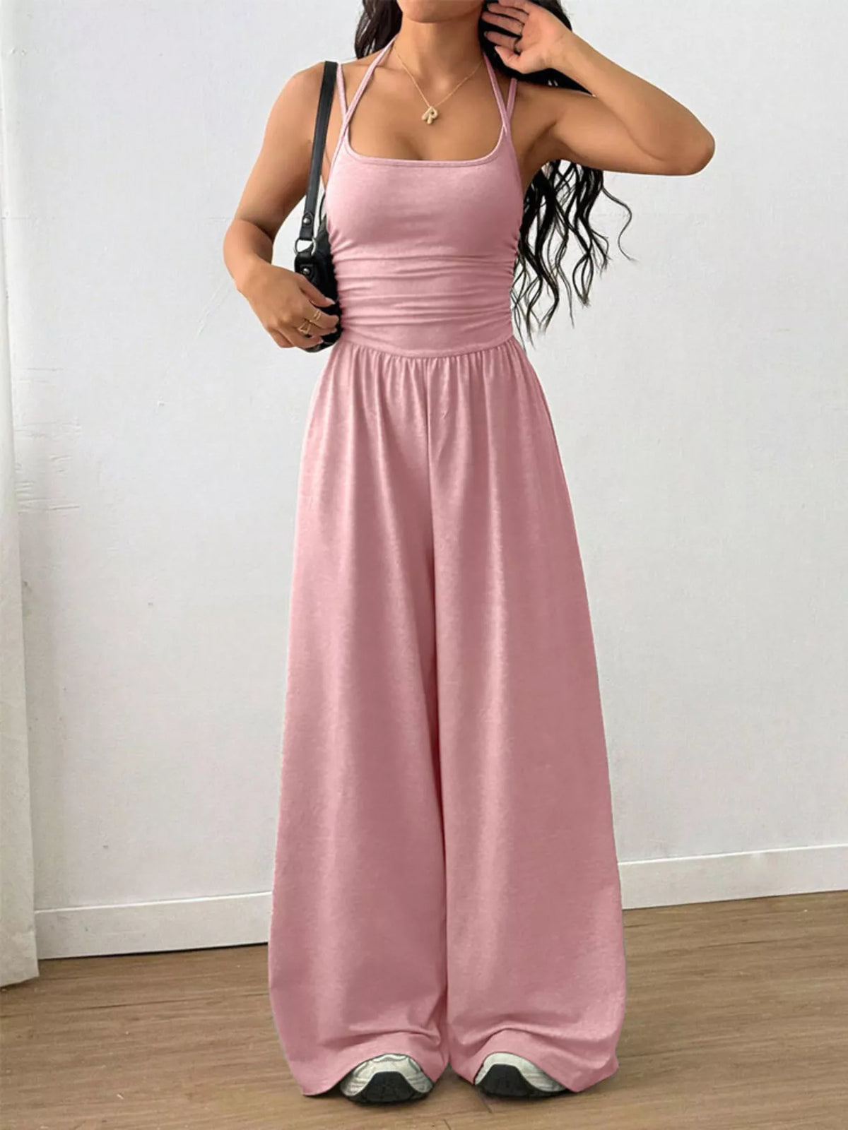 Ruched Spaghetti Strap Wide Leg Jumpsuit