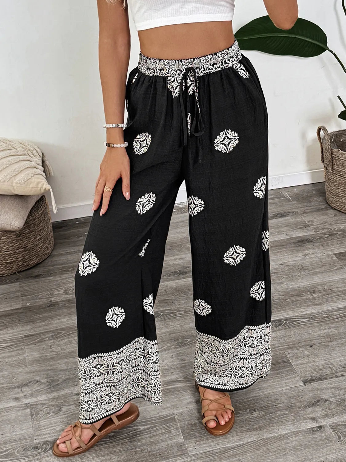 Black Boho Print Wide Leg Pants