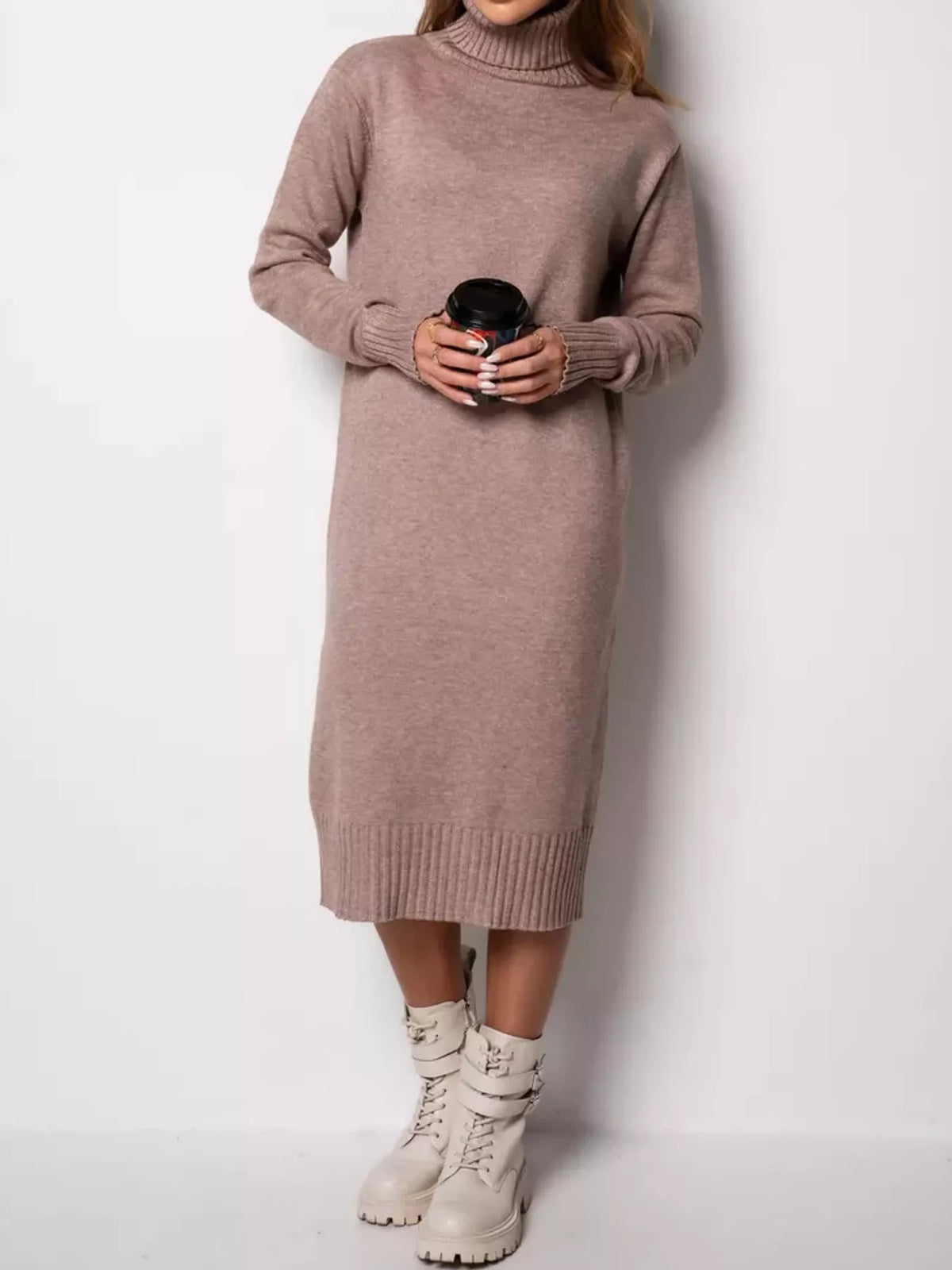 Relaxed Fit Turtleneck Ribbed Knit Sweater Dress