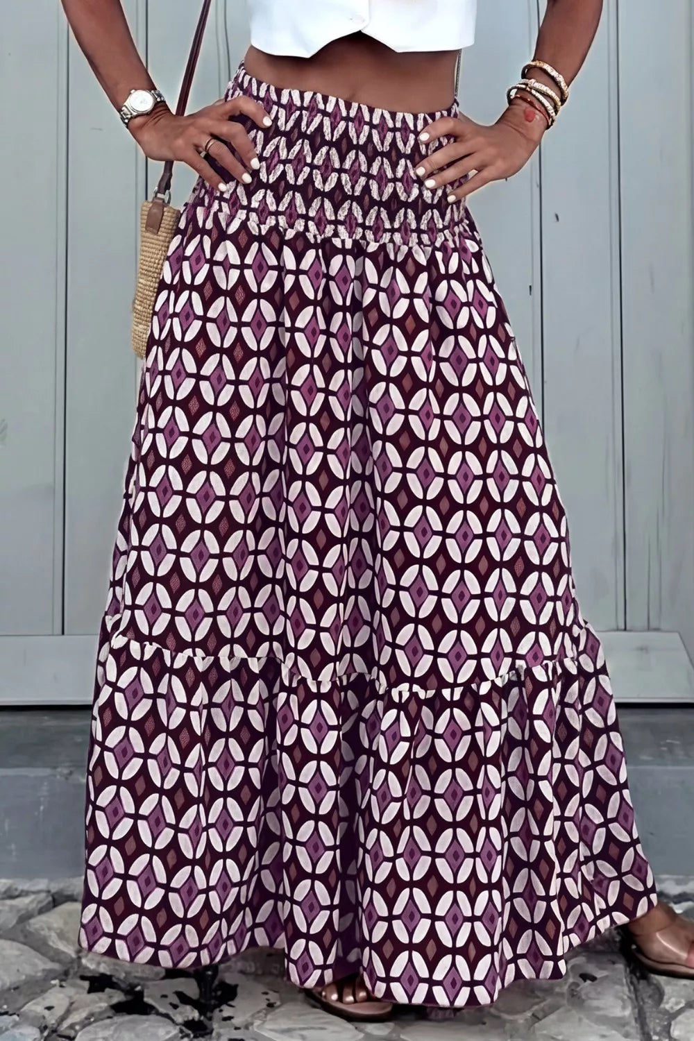 Geometric Print Smocked Waist Maxi Skirt in Mauve