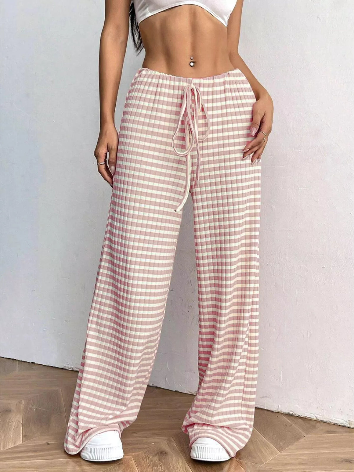 Ribbed Knit Drawstring Wide-Leg Pants