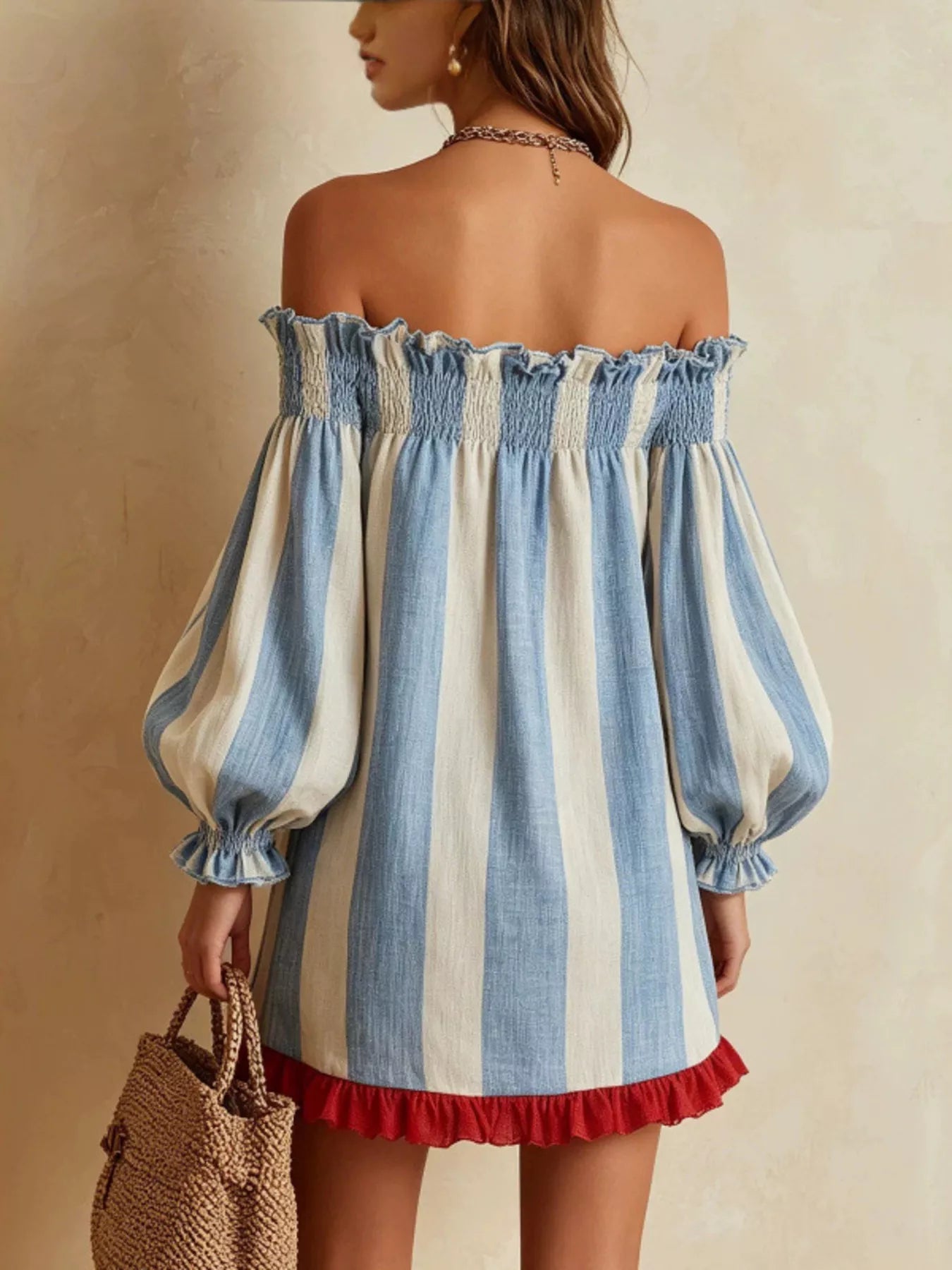 Striped Off-Shoulder Ruffle-Hem Mini Dress in Sky Blue