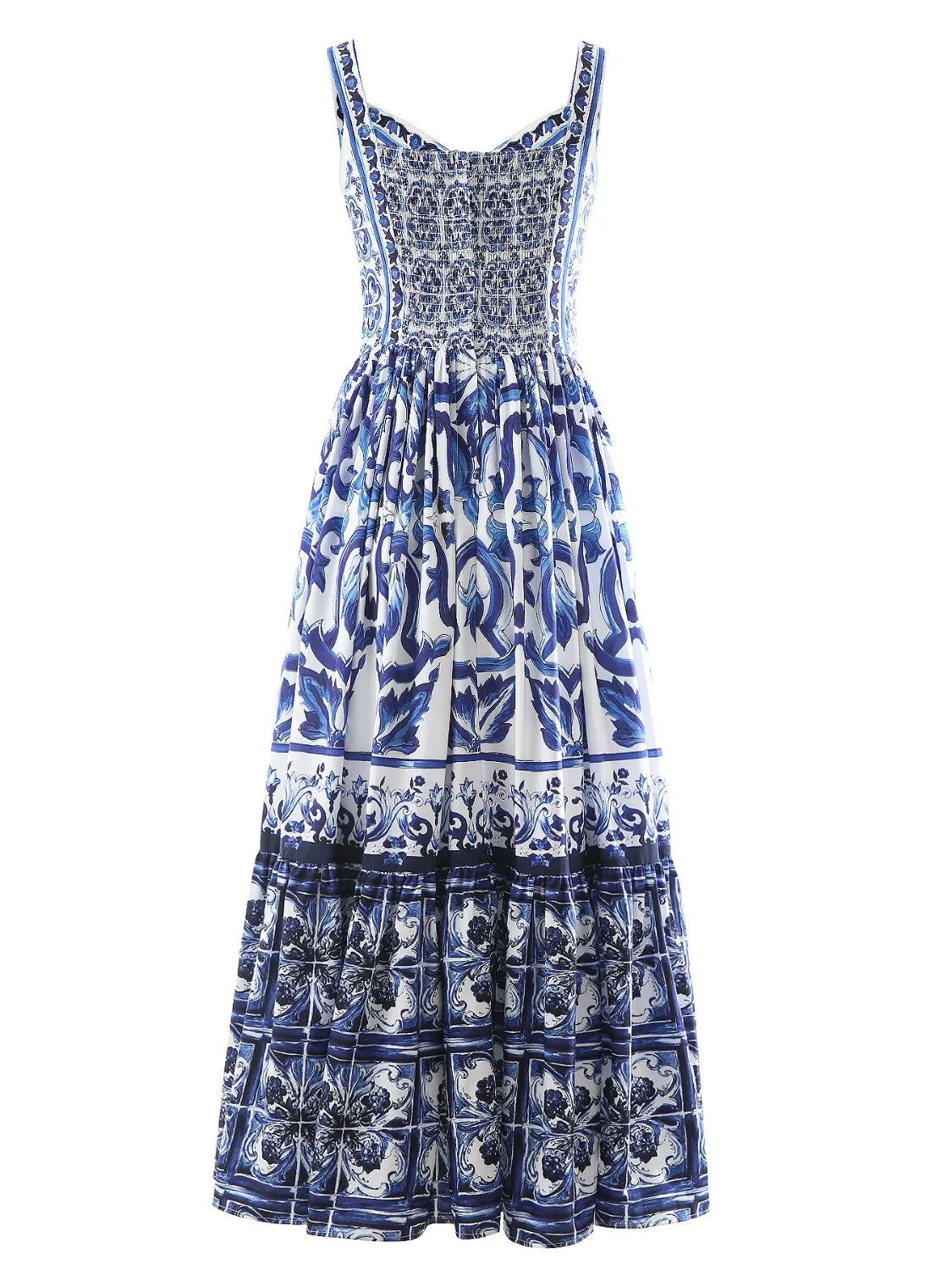 Smocked Ruched Wide-Strap Dress