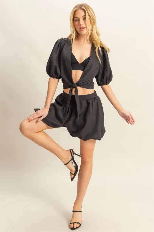 Hyfve Front Tie Top and Bubble Hem Shorts Set in Black