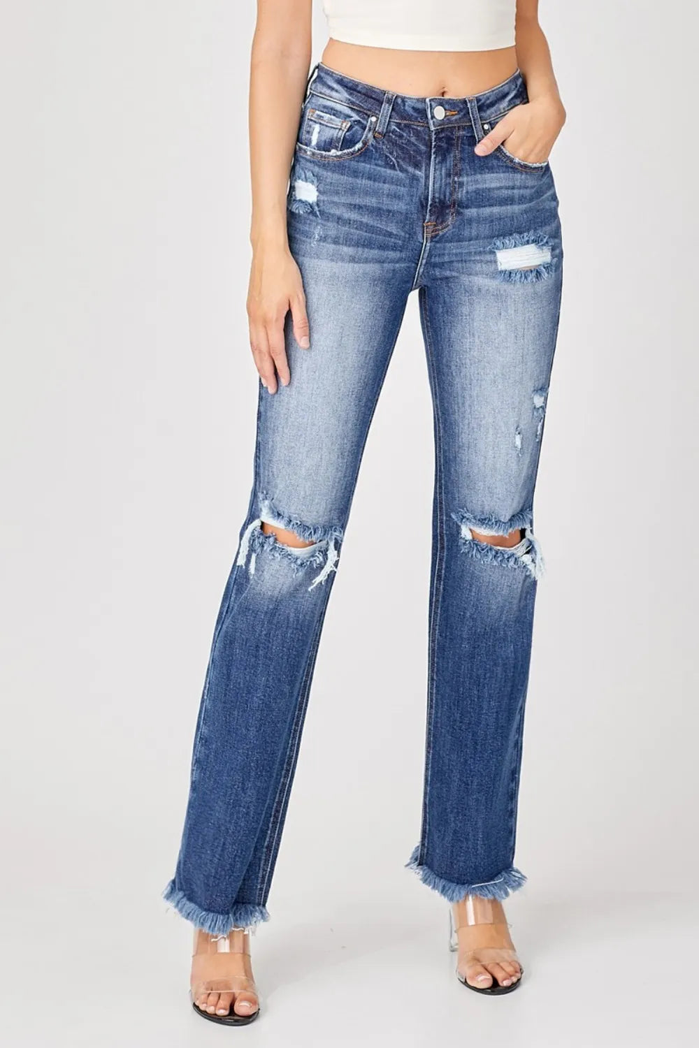 Risen Raw-Hem Distressed Straight Jeans in Deep Blue