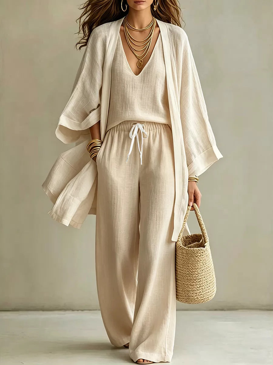 V-Neck Top, Cardigan and Pants Set