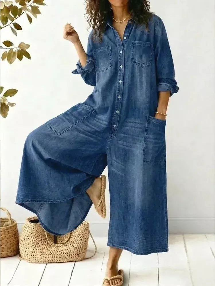 Button Front Wide-Leg Jumpsuit with Chest Pockets