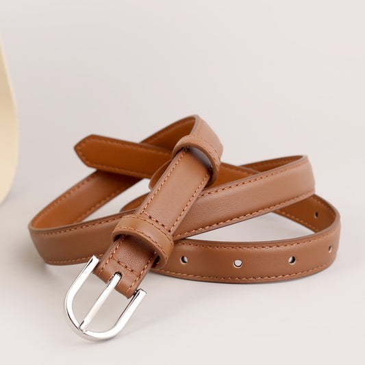 Ilussa Skinny Leather Belt with Silver Buckle — Caramel A