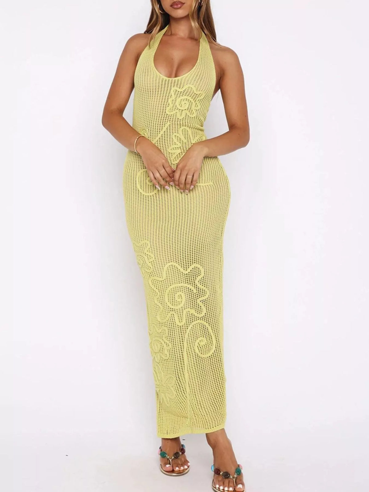 Halter Neck Crochet Maxi Dress by D&J Apparel
