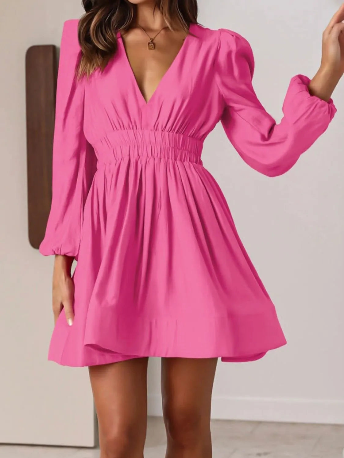 Ruched V-Neck Balloon-Sleeve Mini Dress