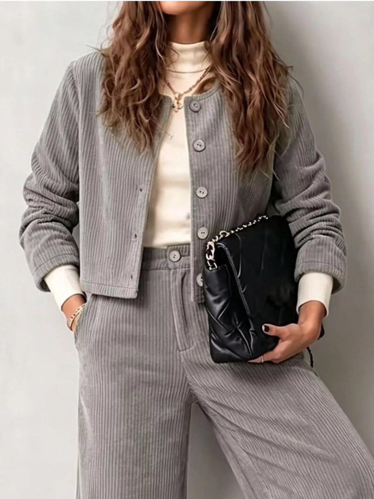 Corduroy Button-Down Jacket and Wide-Leg Pants Set