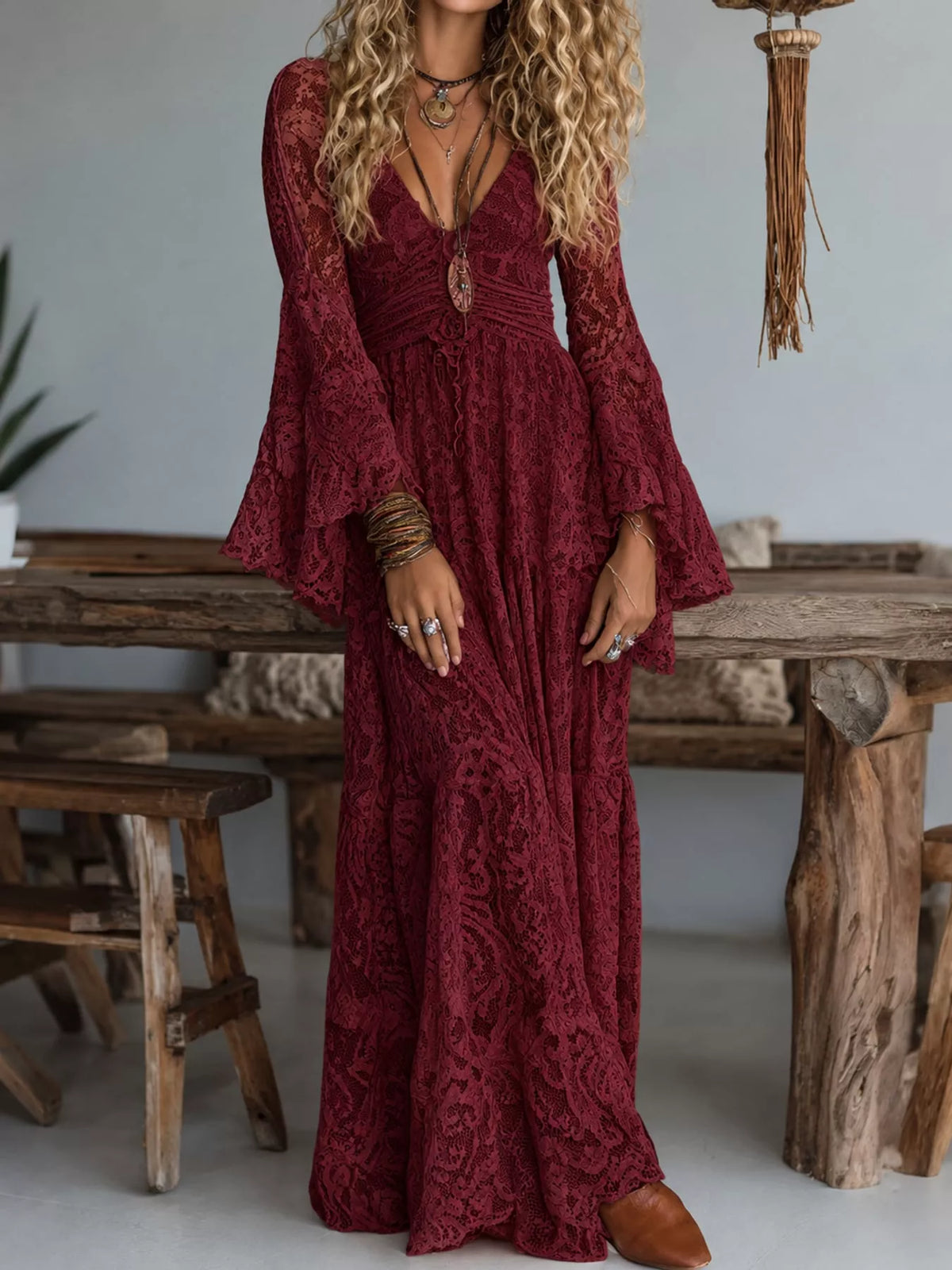 Ruched Lace V-Neck Maxi Dress