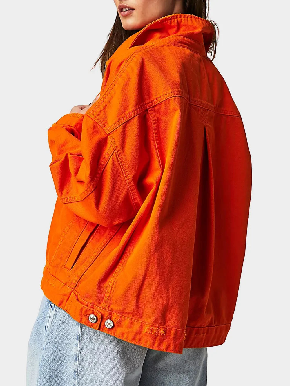 Button Up Long Sleeve Denim Jacket in Orange by Dreamy Drapes