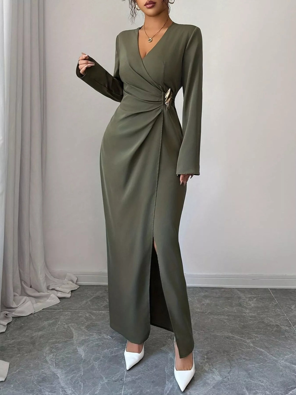 Ruched Slit Surplice Maxi Dress in Olive