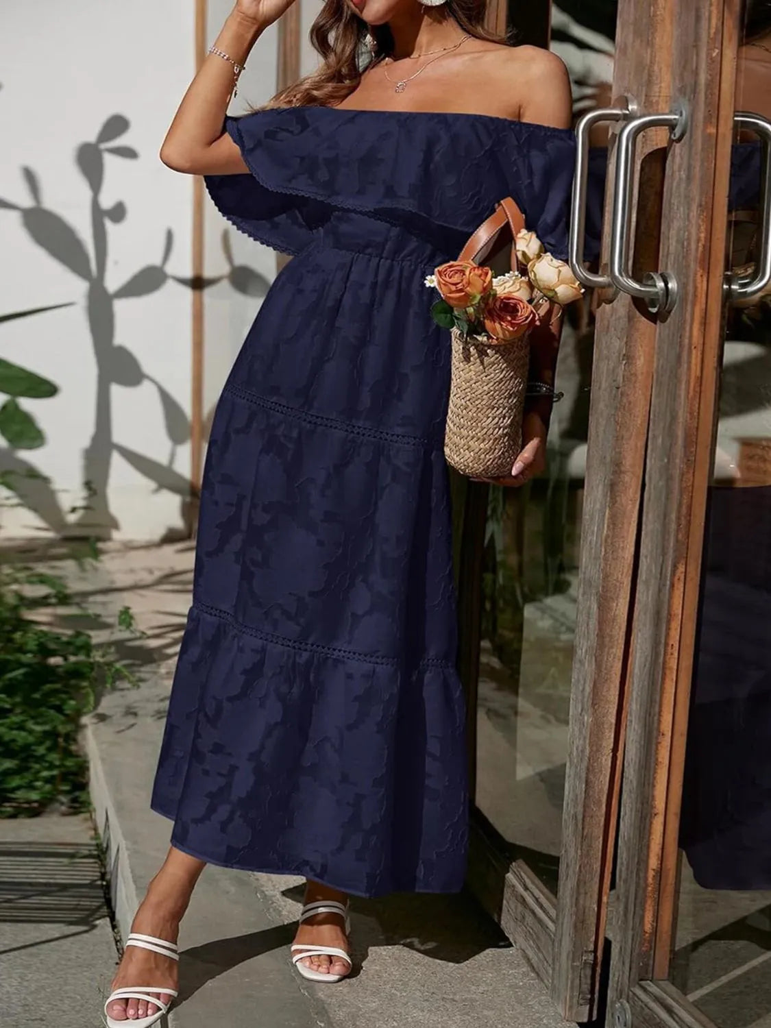 Ruched Off-Shoulder Midi Dress by Golden Gueen