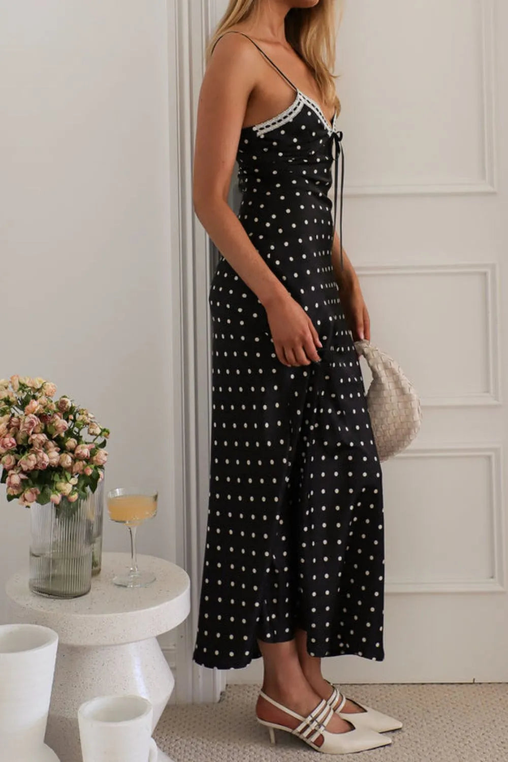 Polka Dot Midi Cami Dress in Black