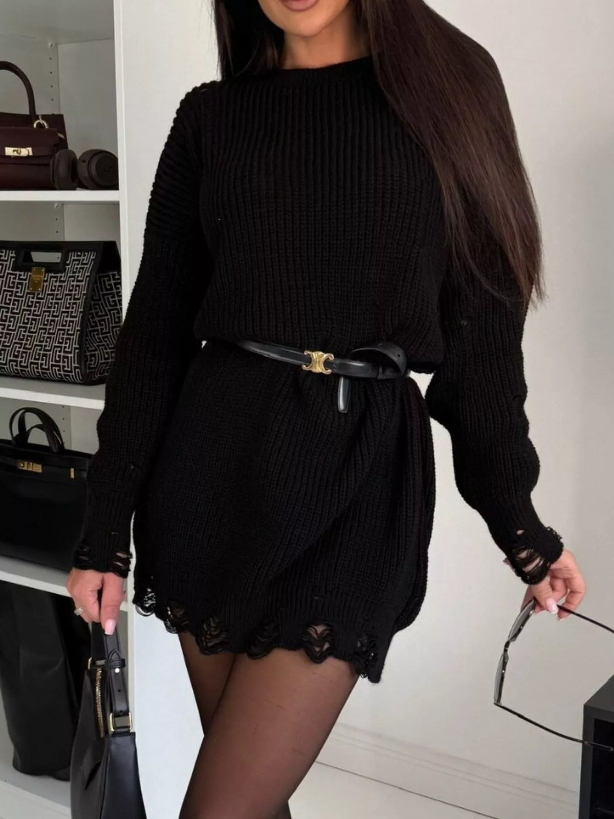 Distressed Round Neck Sweater Dress