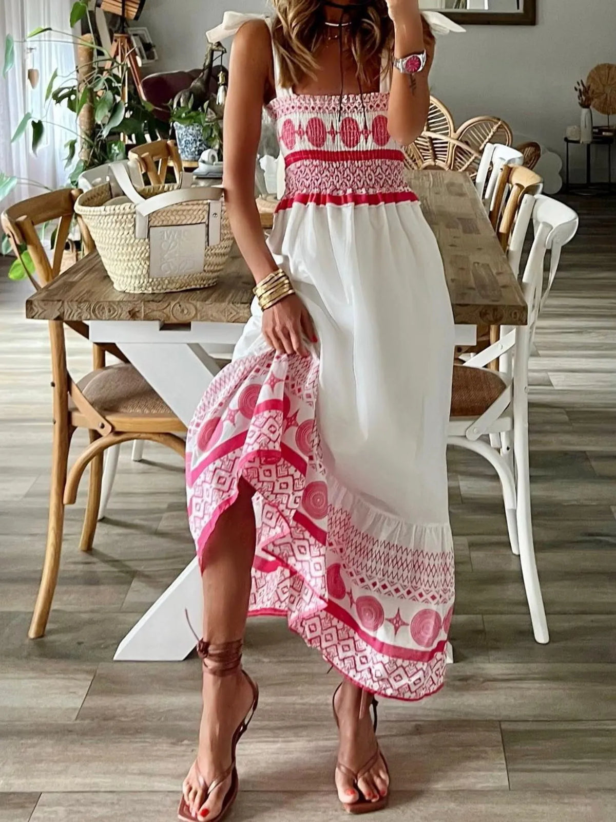 Smocked Tie Shoulder Maxi Dress in Red