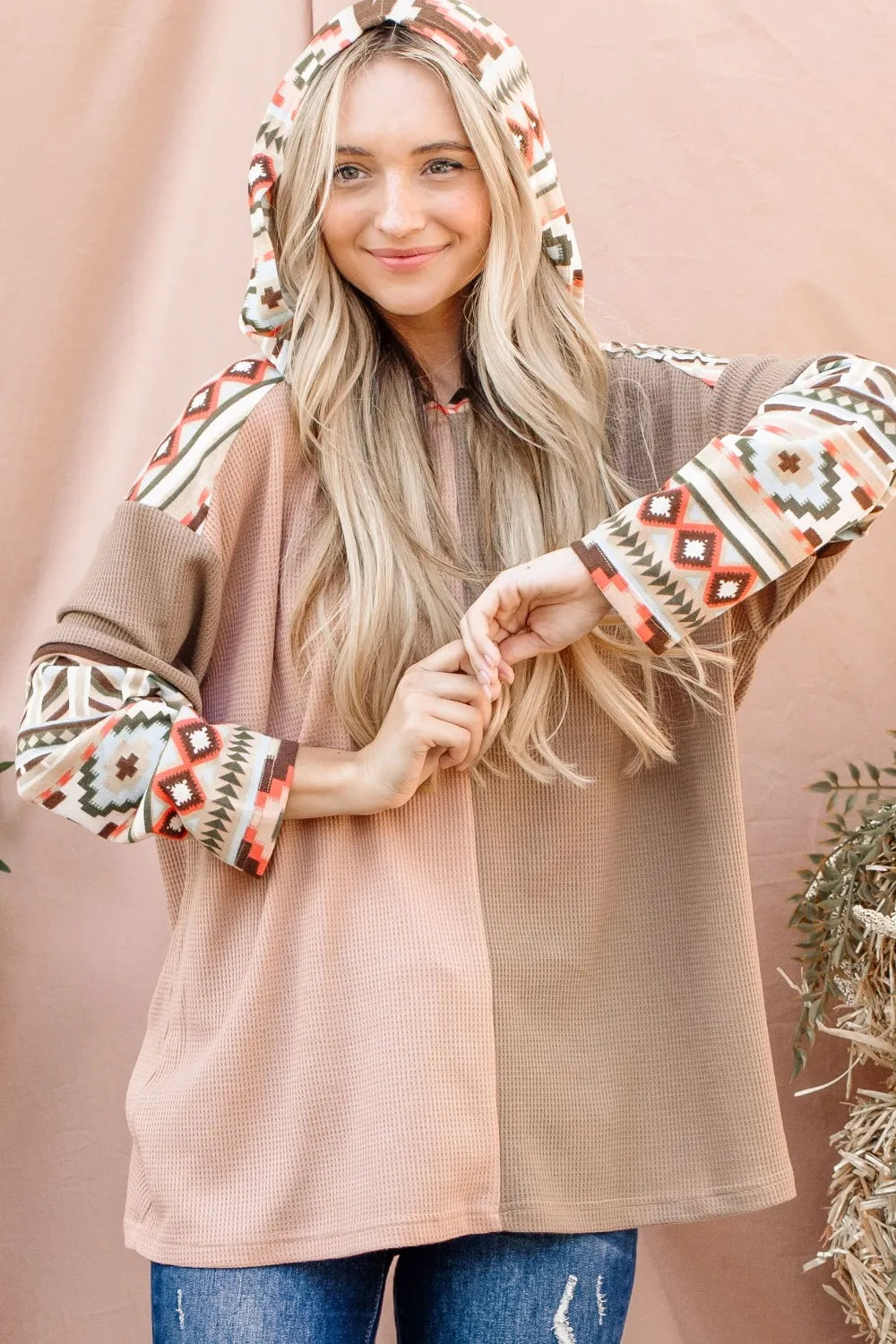 And The Why Color Block Hooded Waffle Top in Multi