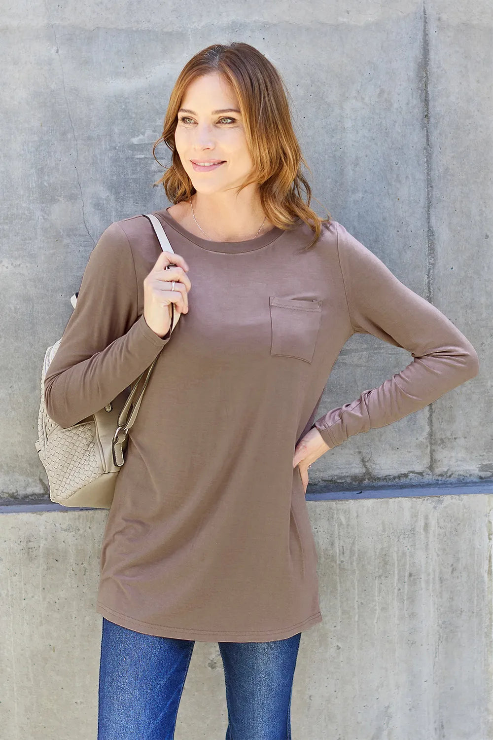 Basic Bae Pocketed Round Neck Long Sleeve Top