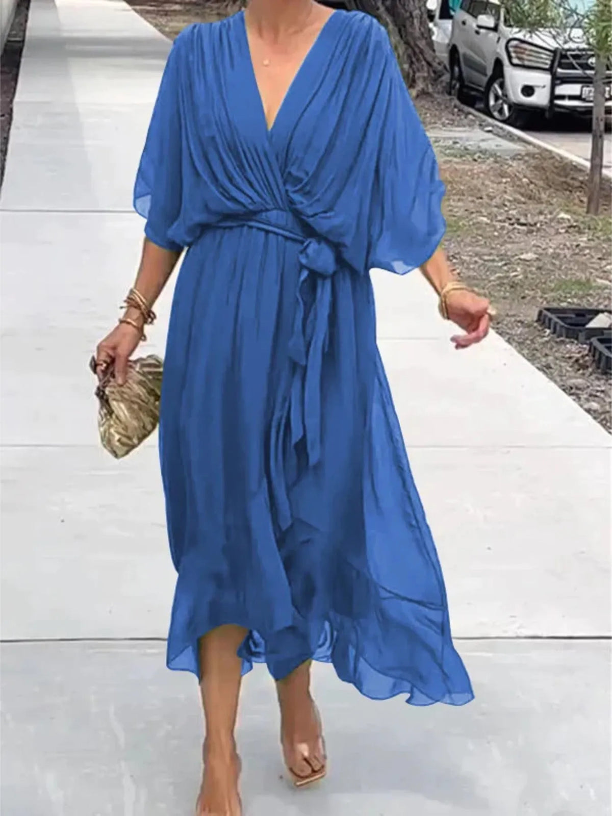 Flowy Tie-Front Midi Dress with Flutter Sleeves