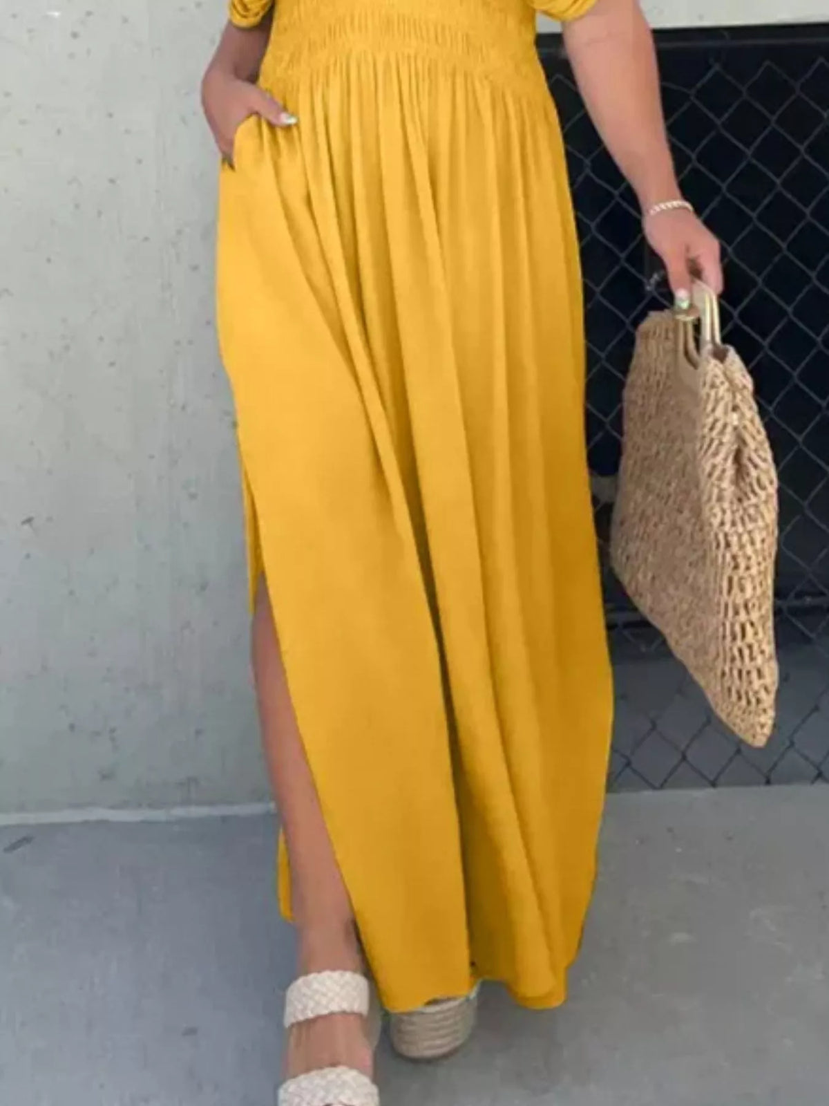 Smocked Waist V-Neck Slit Maxi Dress