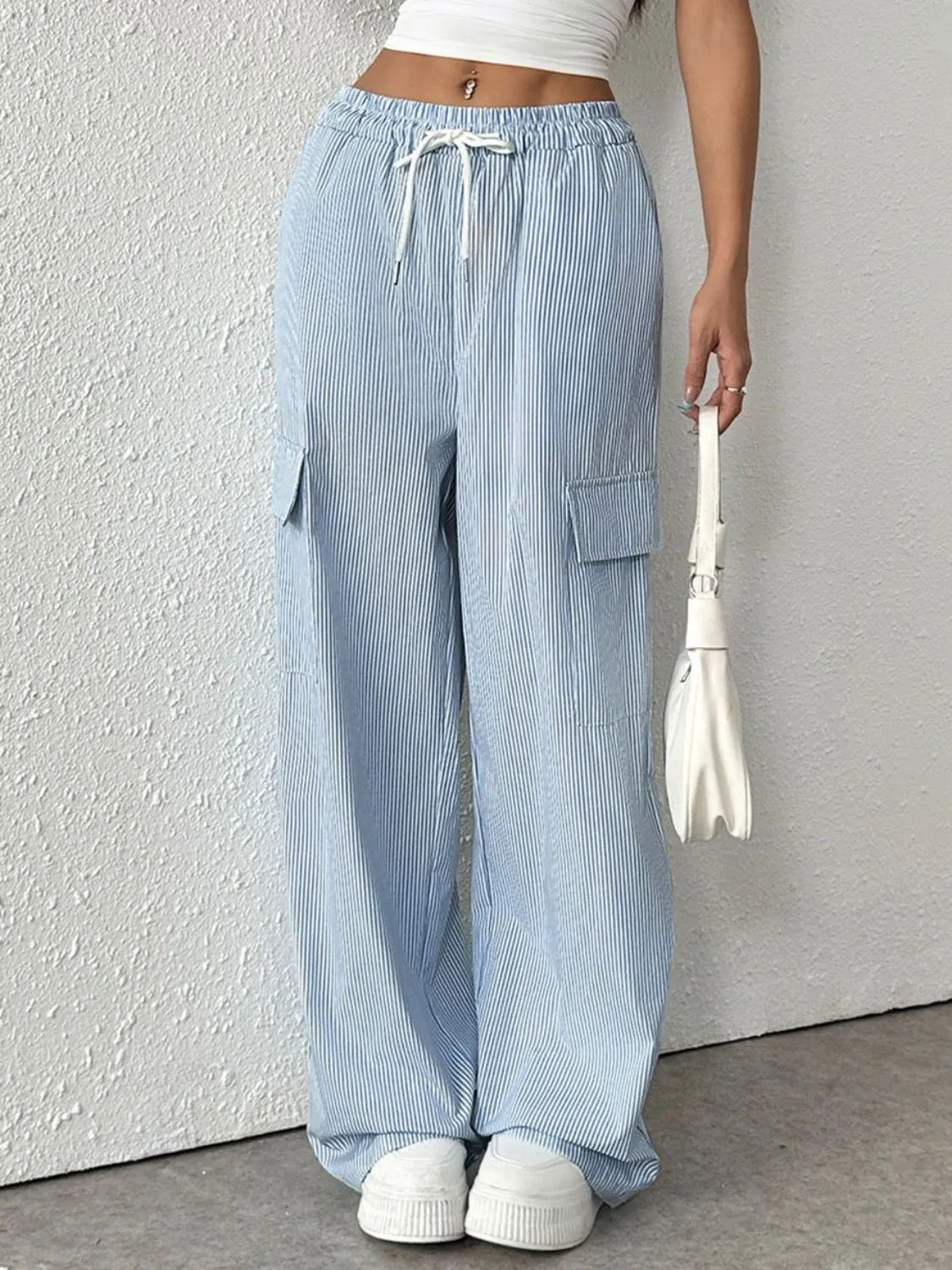Striped Wide Leg Cargo Pants in Light Blue