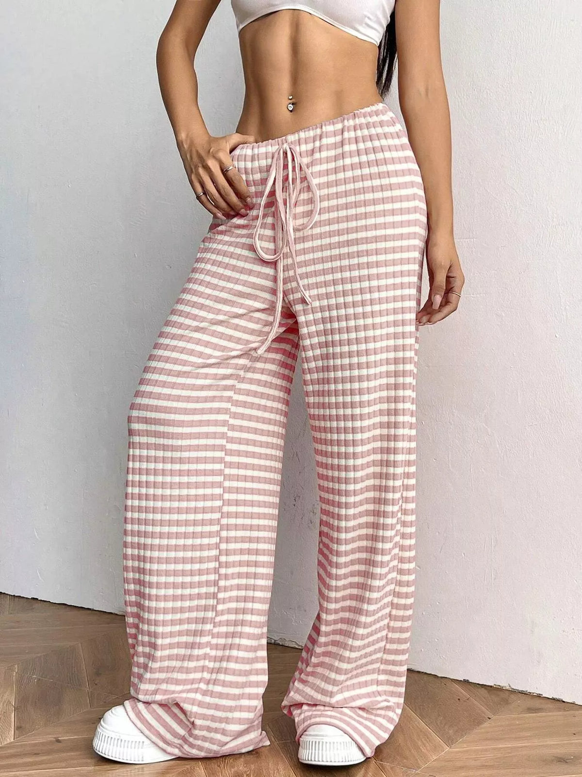 Ribbed Knit Drawstring Wide-Leg Pants
