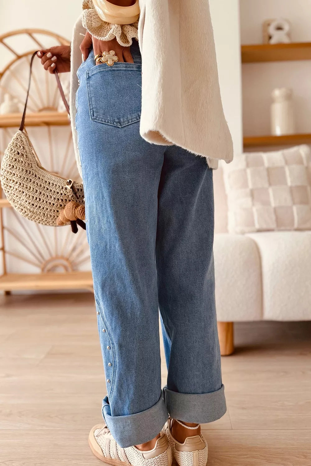 Studded Ankle Length Jeans in Dusty Blue
