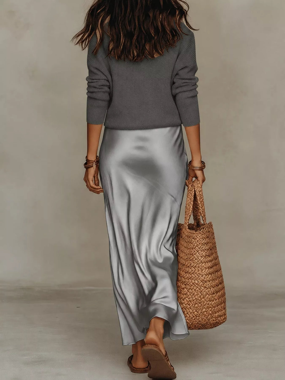 V-Neck Top and Satin Midi Skirt Set
