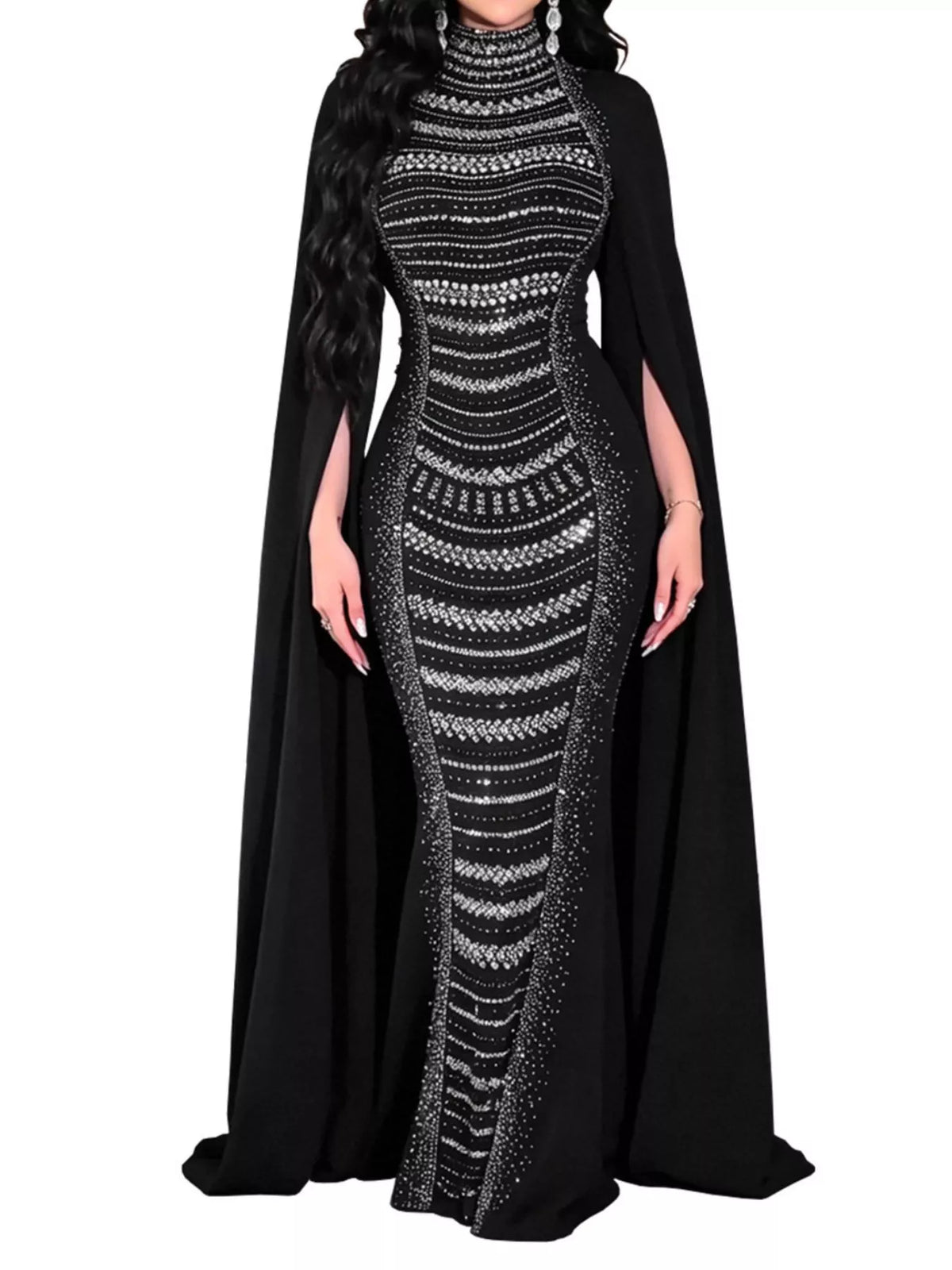 Rhinestone Cape Sleeve Maxi Dress in Black
