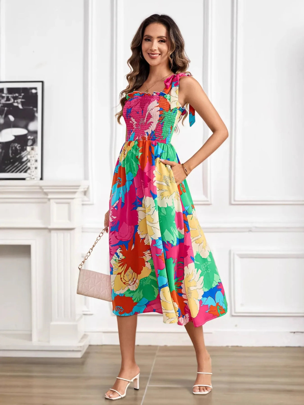 Smocked Tie-Shoulder Midi Dress in Hot Pink