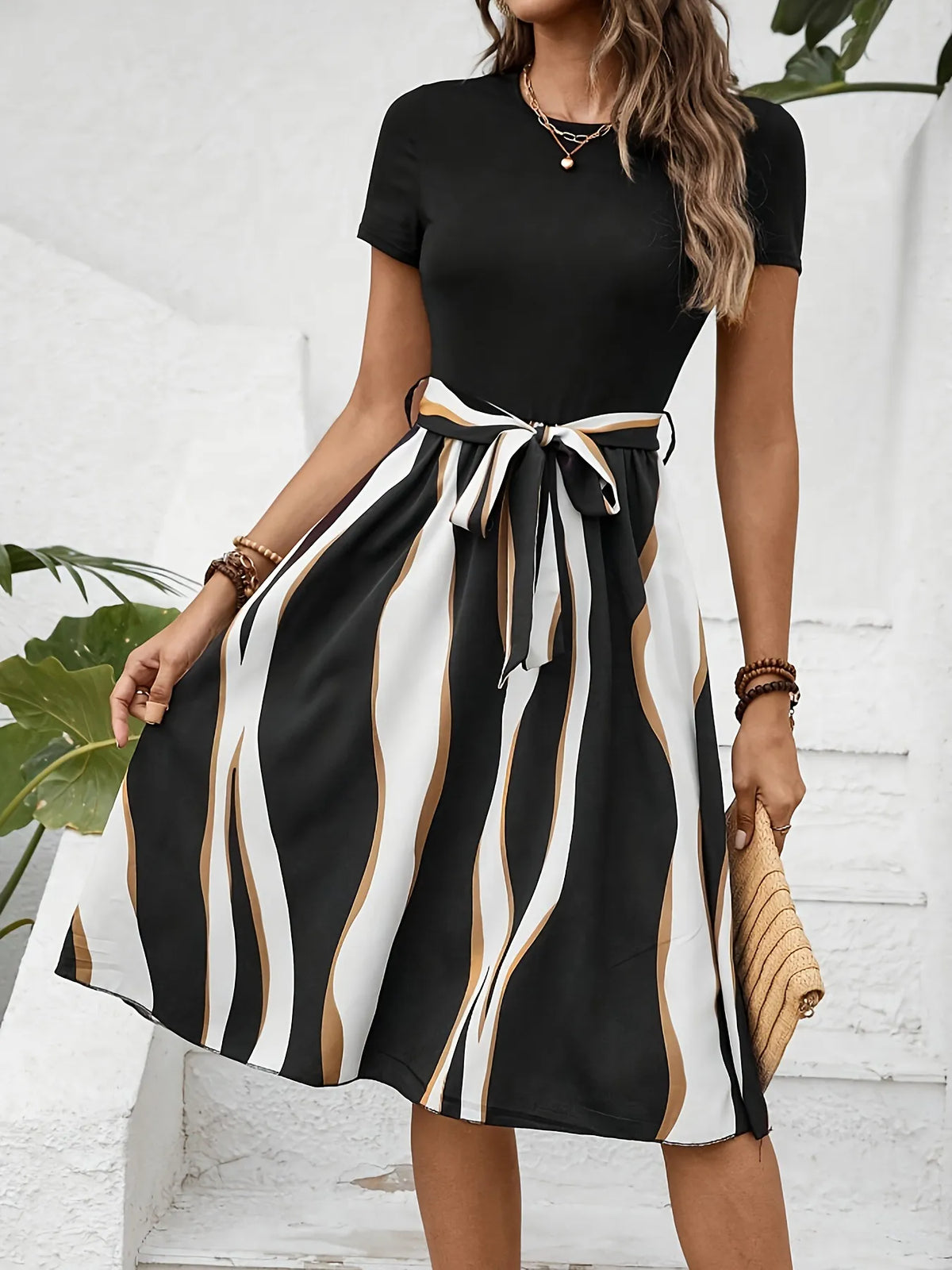 Striped Short Sleeve Tie Waist Dress by Classic Comfort