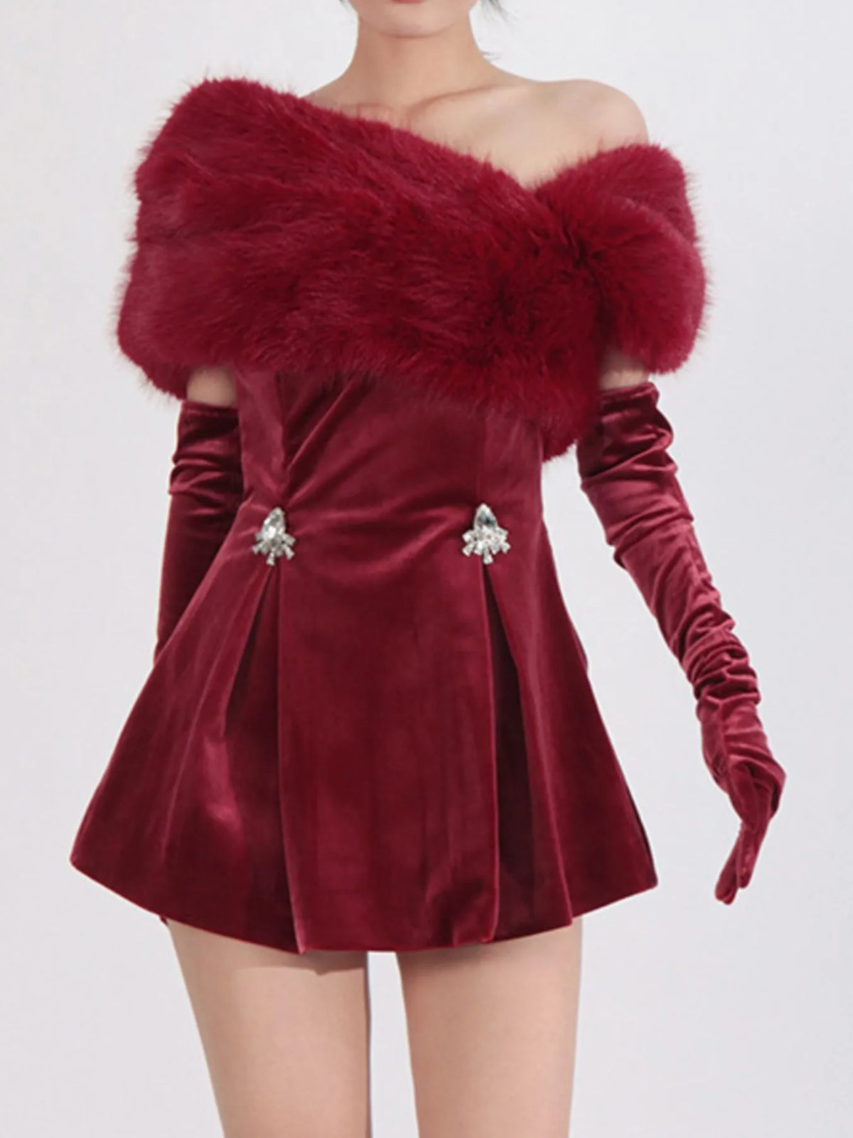 Fuzzy Off-Shoulder Mini Dress in Red