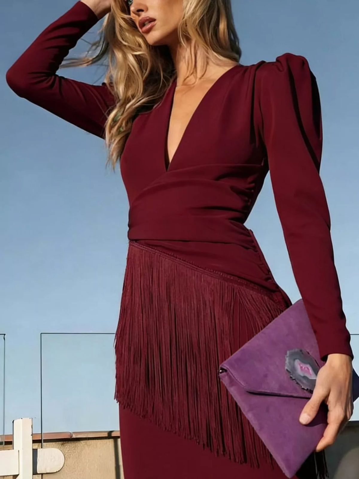 Fringed V-Neck Puff Sleeve Maxi Dress