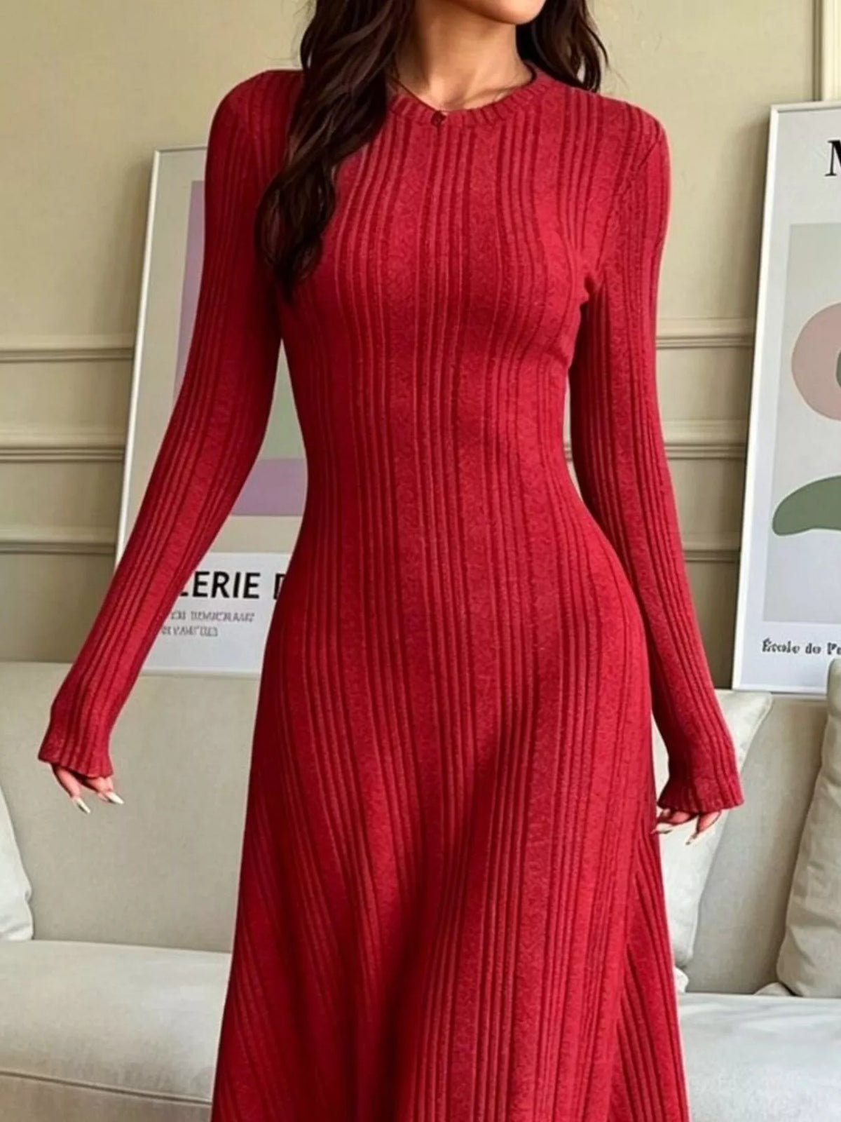 Ribbed Knit Long-Sleeve Dress