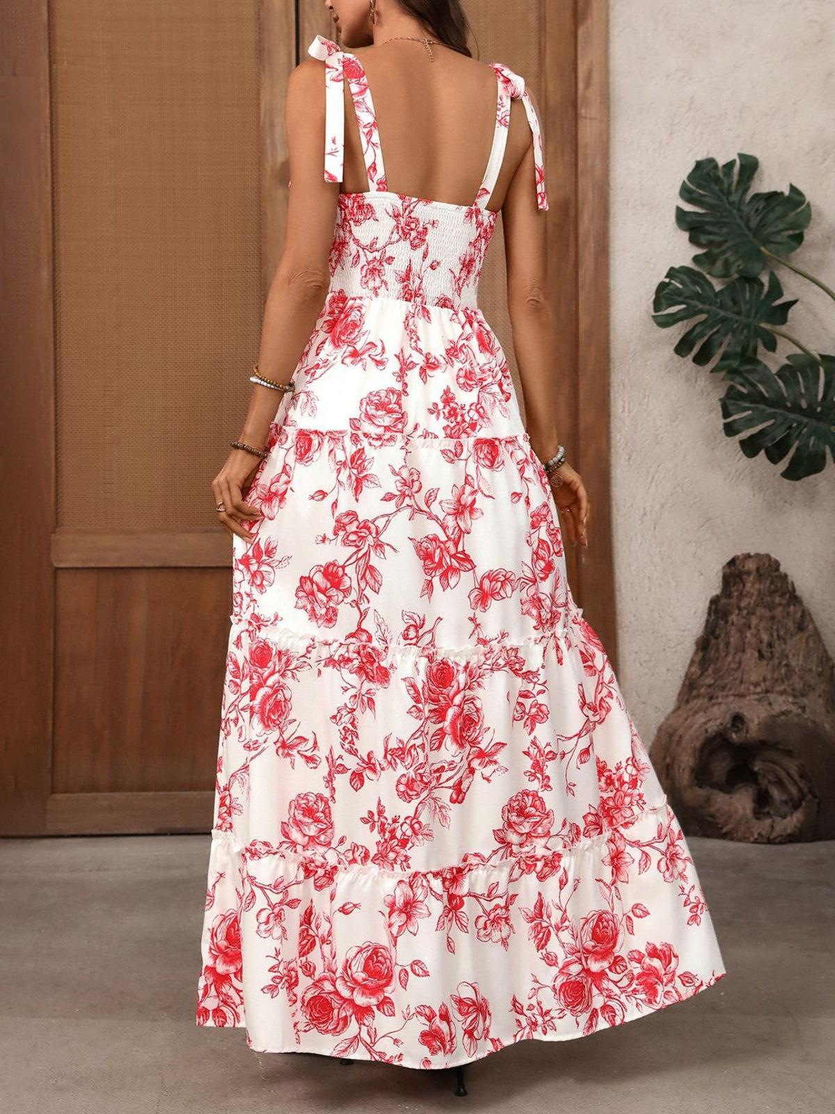 Floral Print Tie Strap Maxi Dress in Red