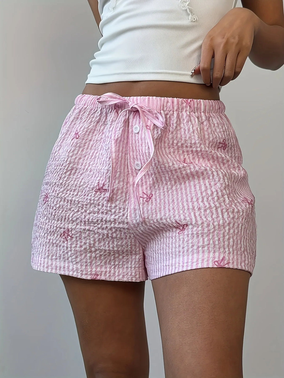 Bow Drawstring Striped Shorts in Pink Plaid